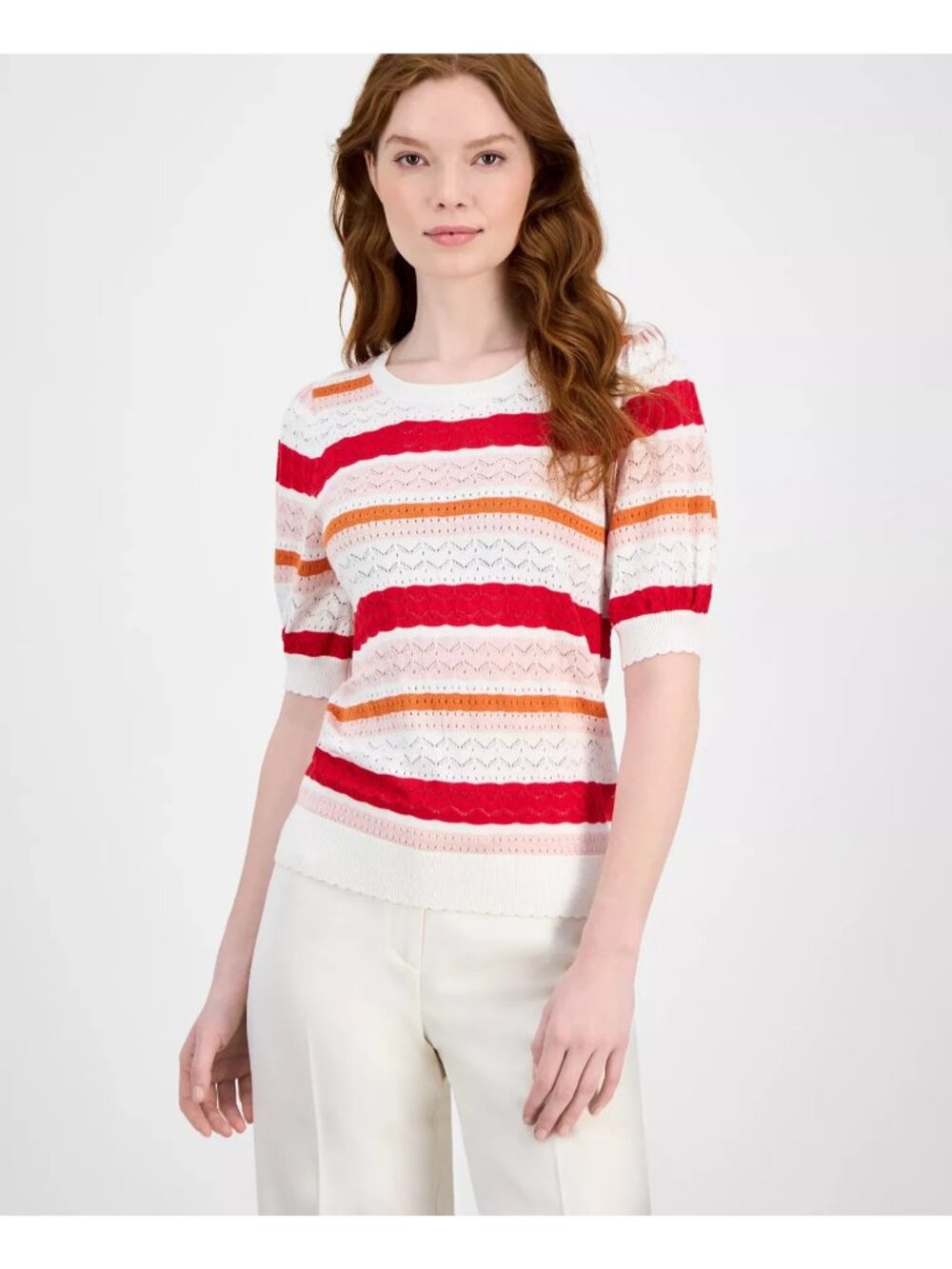 T Tahari Women's Pointelle Striped Crewneck Sweater Red Pink Ivory Size L $78